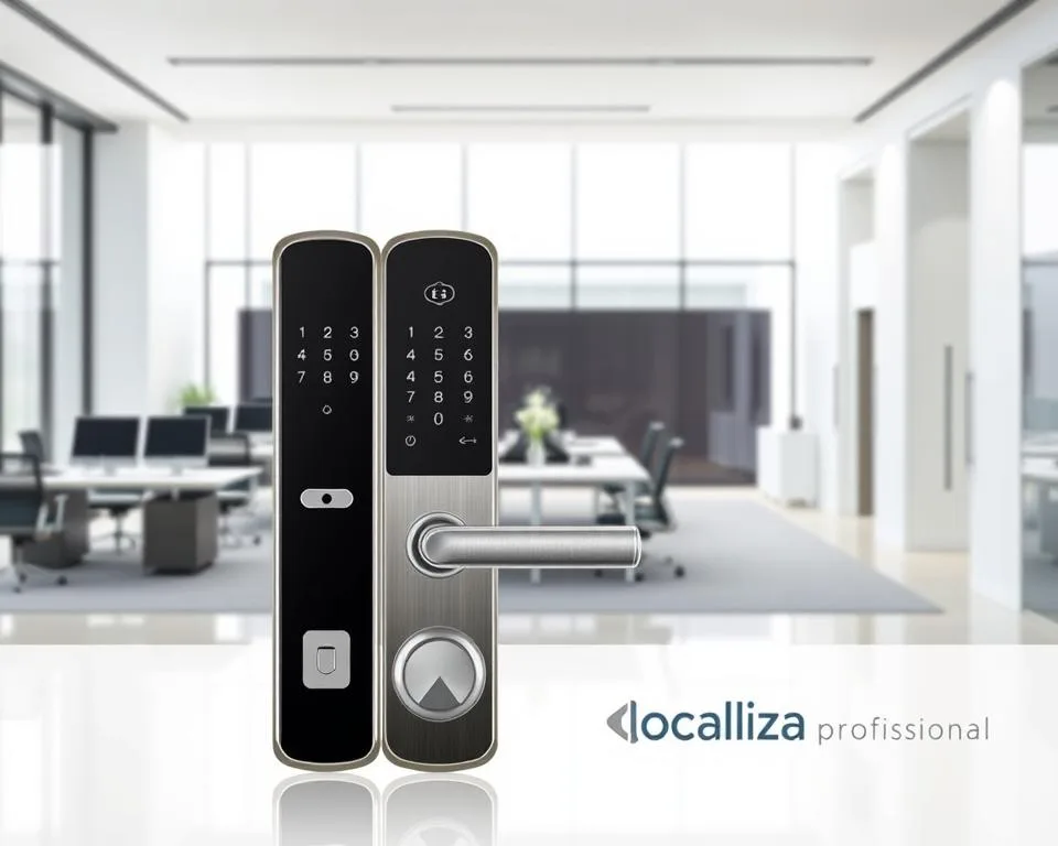 A modern, sleek office interior with clean lines and a minimalist aesthetic. In the foreground, a state-of-the-art electronic lock system from the Localiza Profissional brand is prominently displayed, its touchscreen interface and metallic finish gleaming under the soft, even lighting. The middle ground features neatly arranged desks, chairs, and other office furniture, all in a neutral color palette that complements the technological focus. The background showcases floor-to-ceiling windows, allowing natural light to flood the space and creating a sense of openness and connectivity. An air of professionalism and efficiency pervades the scene, reflecting the implementation of advanced access control technology in a professional business setting.