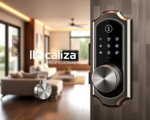 A sleek, modern electronic lock in brushed metal with the Localiza Profissional logo prominently displayed. The lock is set against a backdrop of a contemporary home interior, bathed in warm, soft lighting. The foreground shows the intricate mechanisms and keypad of the lock in crisp detail, while the middle ground features stylish furnishings and décor that complement the lock's design. The background reveals a minimalist, open-concept living space with large windows, allowing natural light to filter in and create a sense of tranquility. The overall composition conveys the elegance, innovation, and practical benefits of electronic locks for the modern Brazilian home.