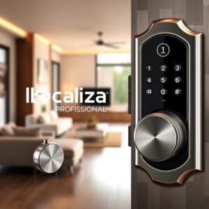 A sleek, modern electronic lock in brushed metal with the Localiza Profissional logo prominently displayed. The lock is set against a backdrop of a contemporary home interior, bathed in warm, soft lighting. The foreground shows the intricate mechanisms and keypad of the lock in crisp detail, while the middle ground features stylish furnishings and décor that complement the lock's design. The background reveals a minimalist, open-concept living space with large windows, allowing natural light to filter in and create a sense of tranquility. The overall composition conveys the elegance, innovation, and practical benefits of electronic locks for the modern Brazilian home.